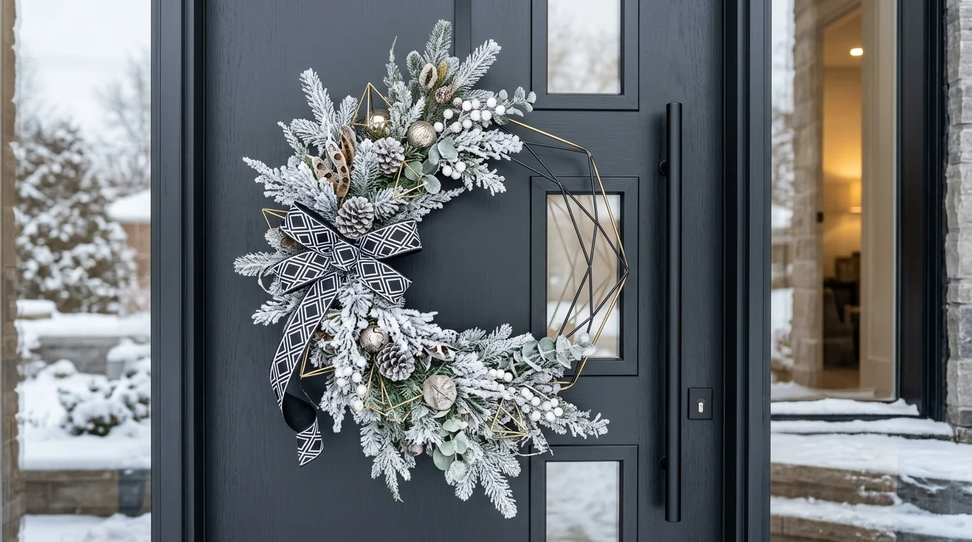 Modern geometric winter wreath with asymmetrical branches, metallic accents, and black-white ribbon.
