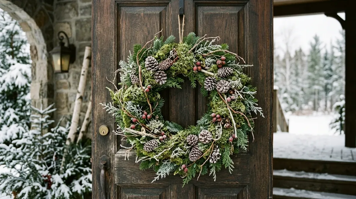 Woodland winter wreath with mossy greens, pinecones, twigs, and natural forest-like frost texture.