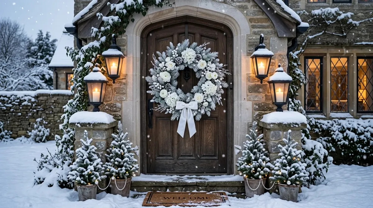 Elegant white winter wreath with frosted leaves, white florals, pearl accents, and glowing lanterns nearby.