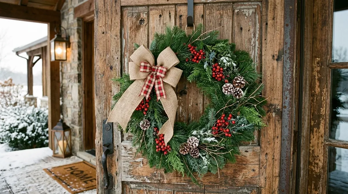 Farmhouse winter wreath with burlap ribbon, evergreen branches, dried berries, and rustic wood backdrop.