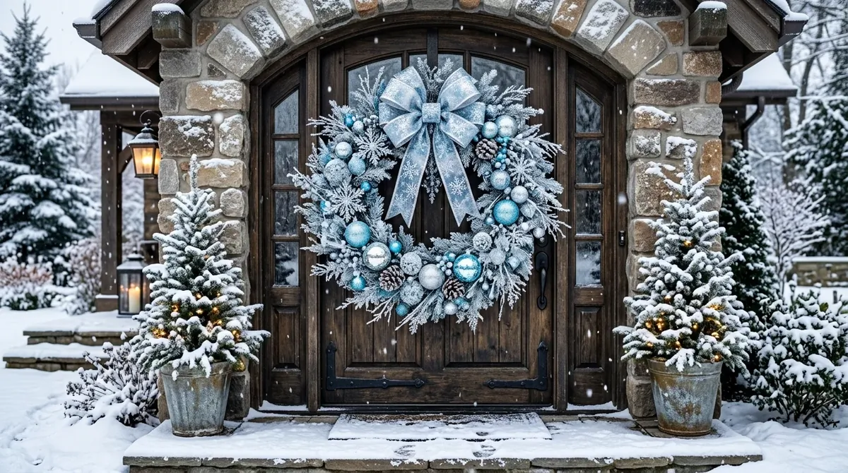 Crystal-inspired wreath with icy blue ornaments, silver twigs, frost details, and shimmering ribbon.