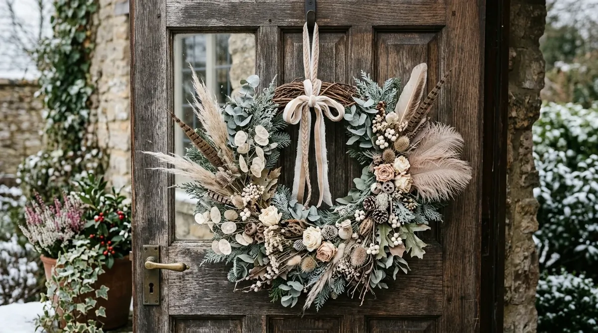 Bohemian winter wreath with dried florals, neutral feathers, muted greenery, and soft frost accents.