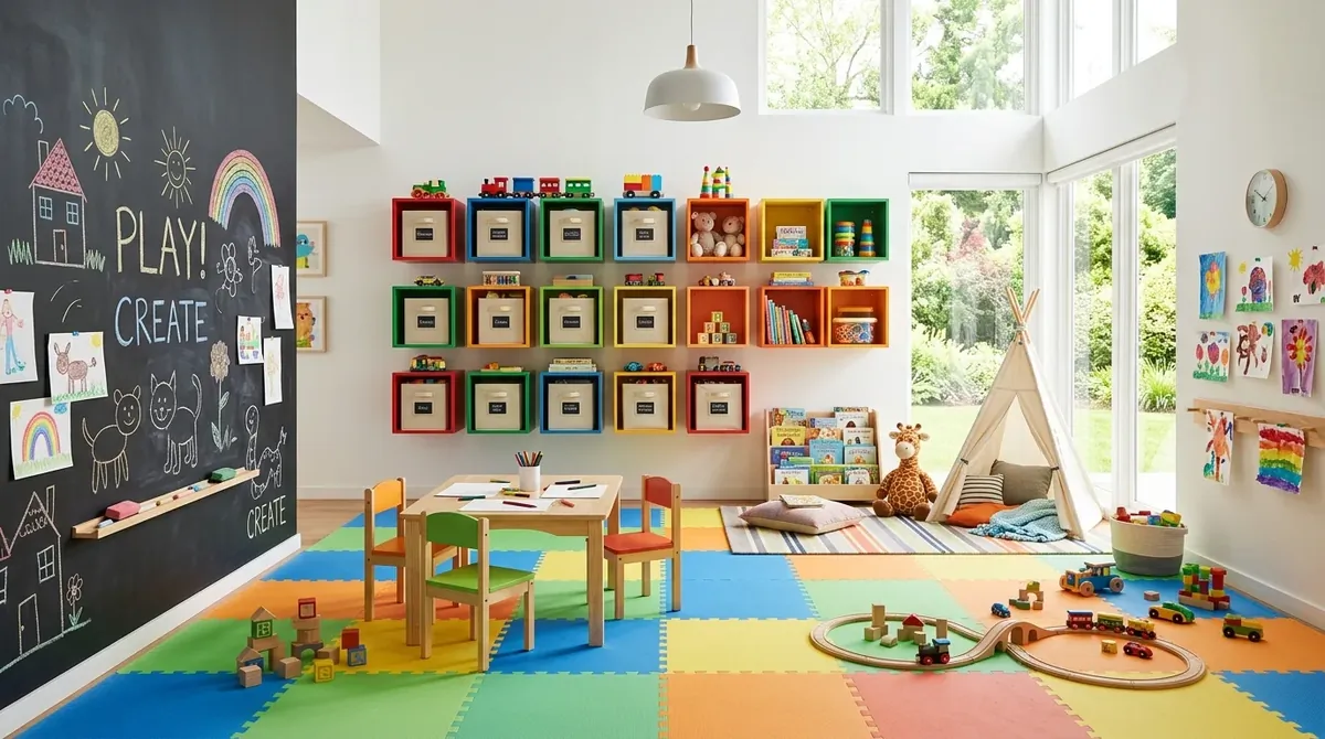 Bright modern playroom with soft flooring, storage cubes, chalkboard wall, and cheerful daylight.