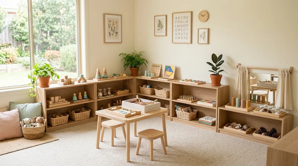 Montessori-style playroom with low wooden shelves, pastel accents, sensory stations, and natural light.