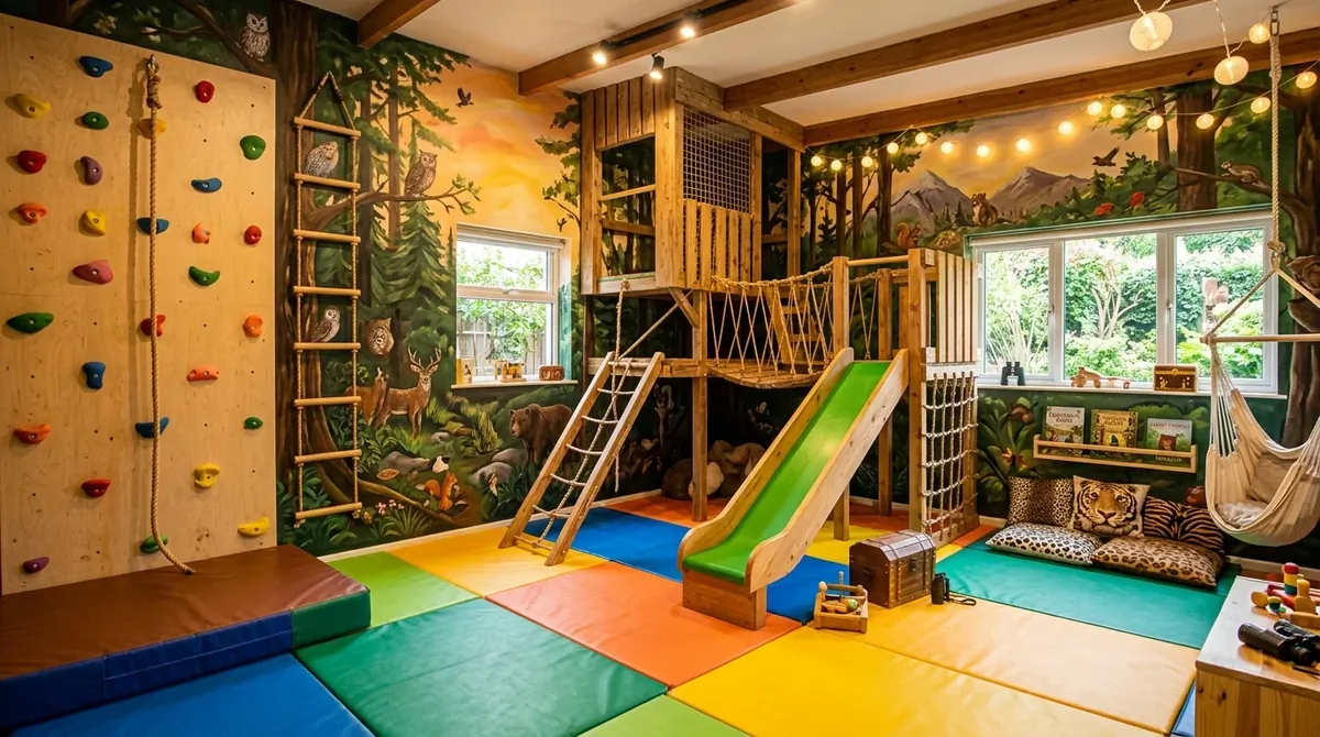 Adventure-themed playroom with indoor climbing wall, rope ladder, crash mats, and forest mural.