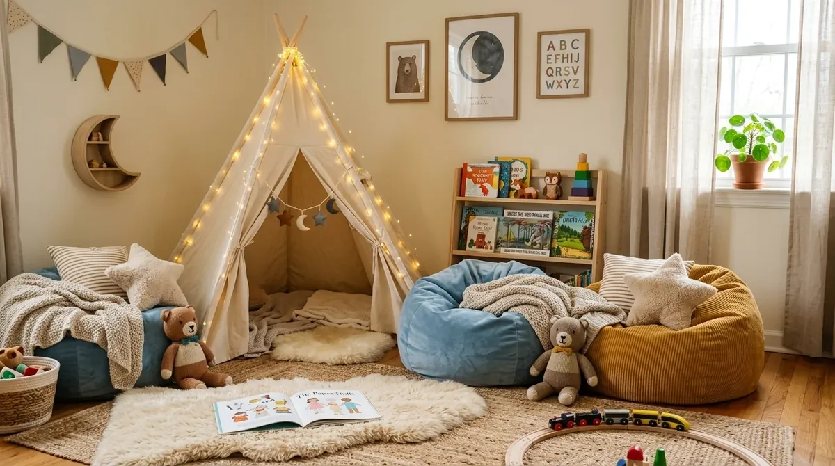 Cozy reading and play corner with bean bags, mini bookshelf, tent canopy, and fairy lights.