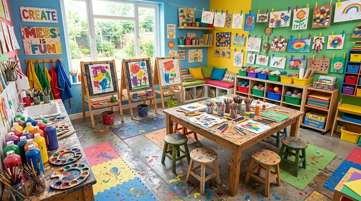 Colorful playroom art studio with easels, craft tables, paint station, and bright natural light.