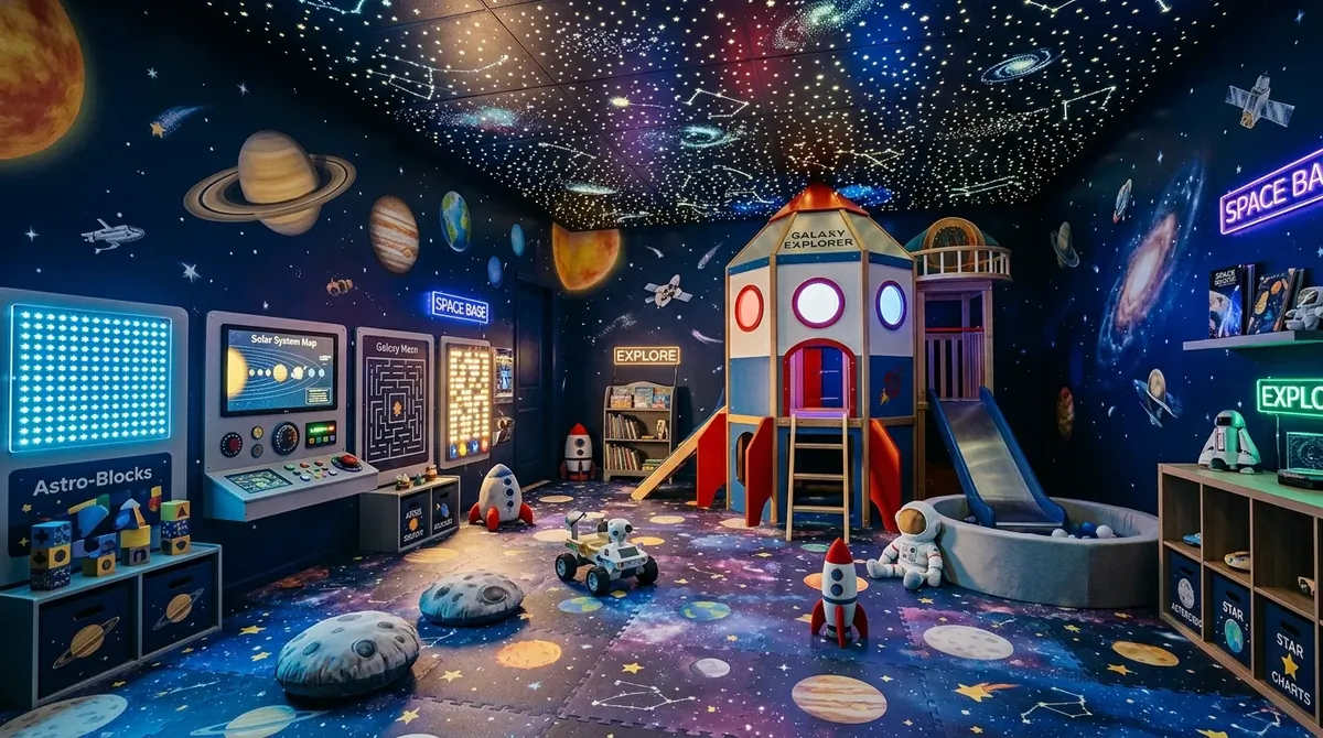 Space-themed playroom with glowing star lights, rocket play structure, deep blue walls, and interactive panels.
