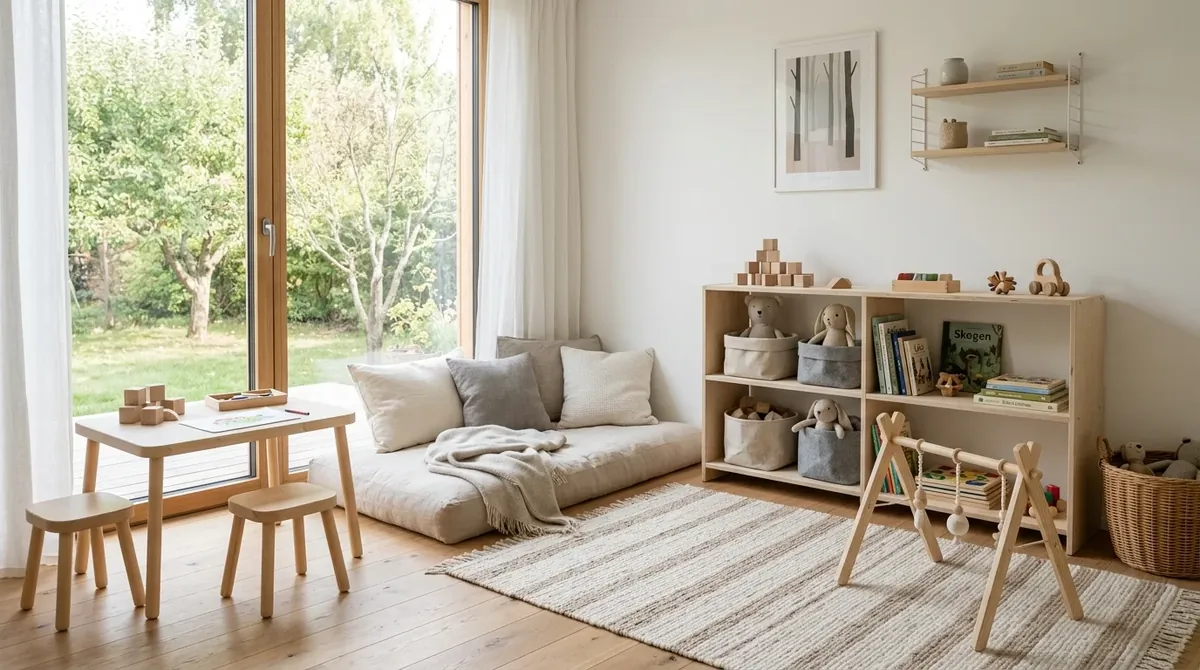 Minimal Scandinavian playroom with light wood furniture, neutral cushions, open toy shelves, and soft daylight.