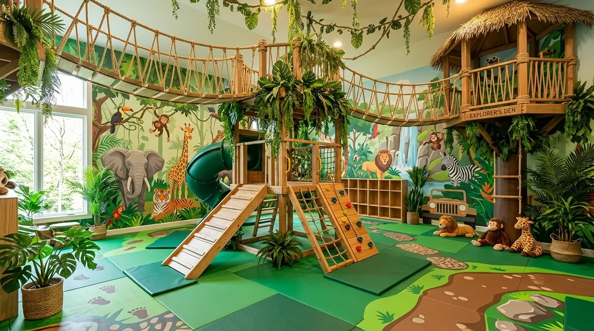 Jungle safari playroom with green flooring, climbing features, rope bridges, and animal wall decals.