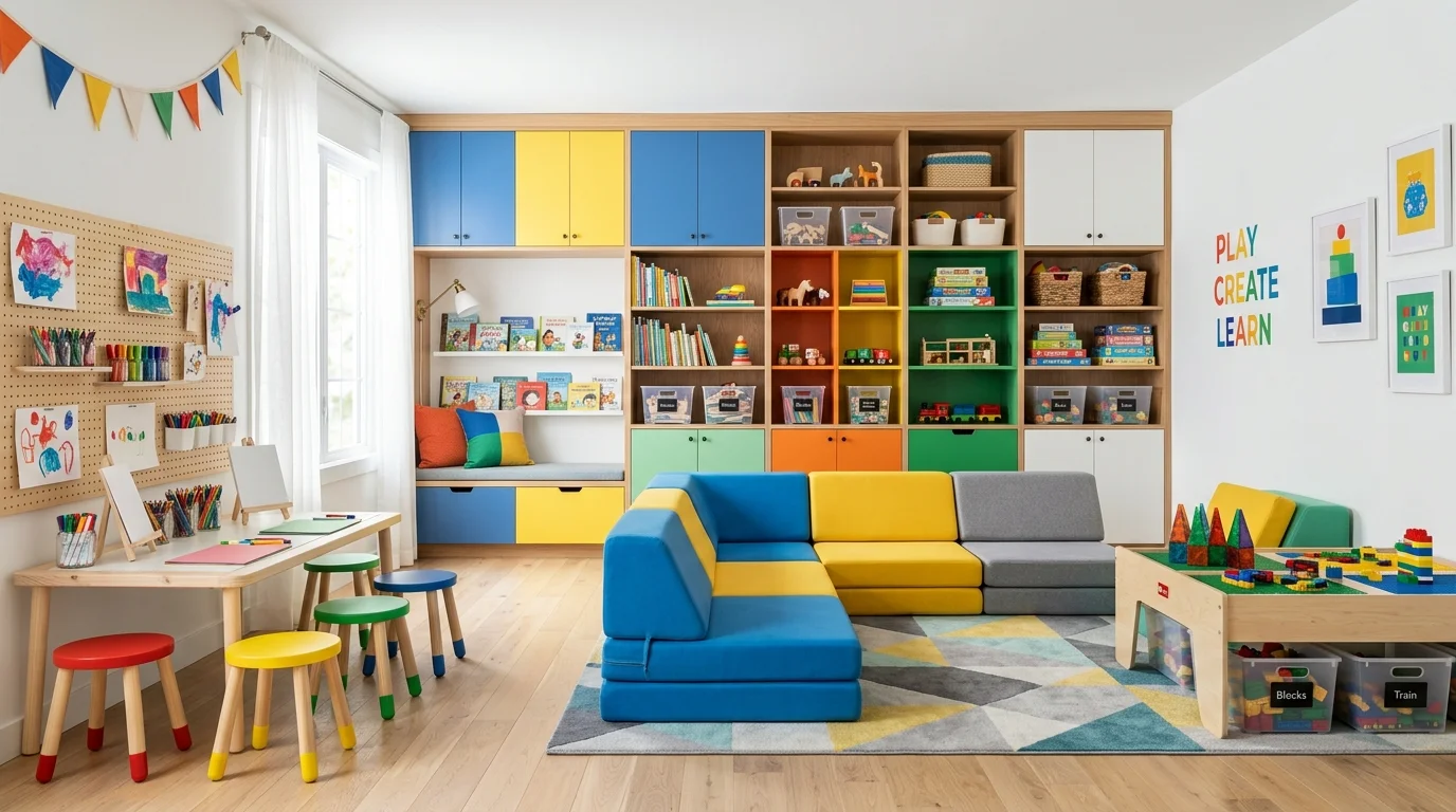 Modern shared playroom with built-in storage wall, modular seating, bright accents, and multiple activity zones.