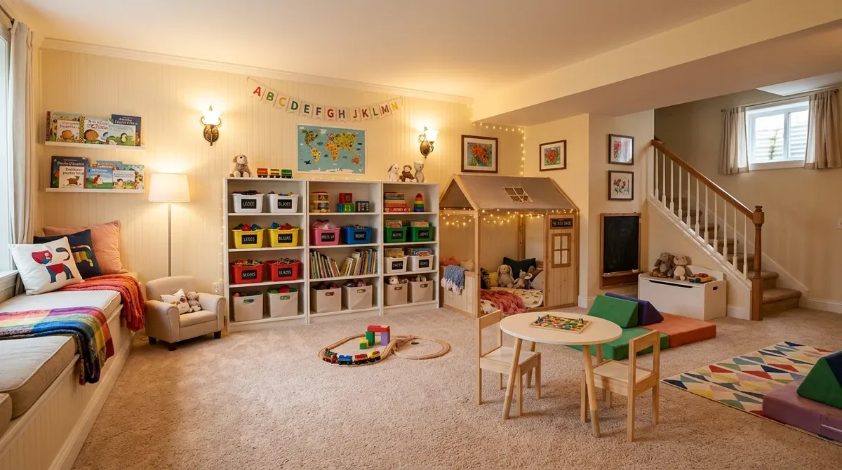 Cozy basement playroom with carpet flooring, toy bins, reading corner, and warm wall lighting.