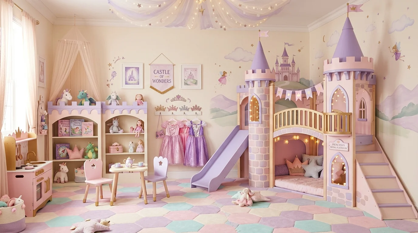 Princess castle themed playroom with pink and lavender colors, turret play structures, and soft cushioned flooring.