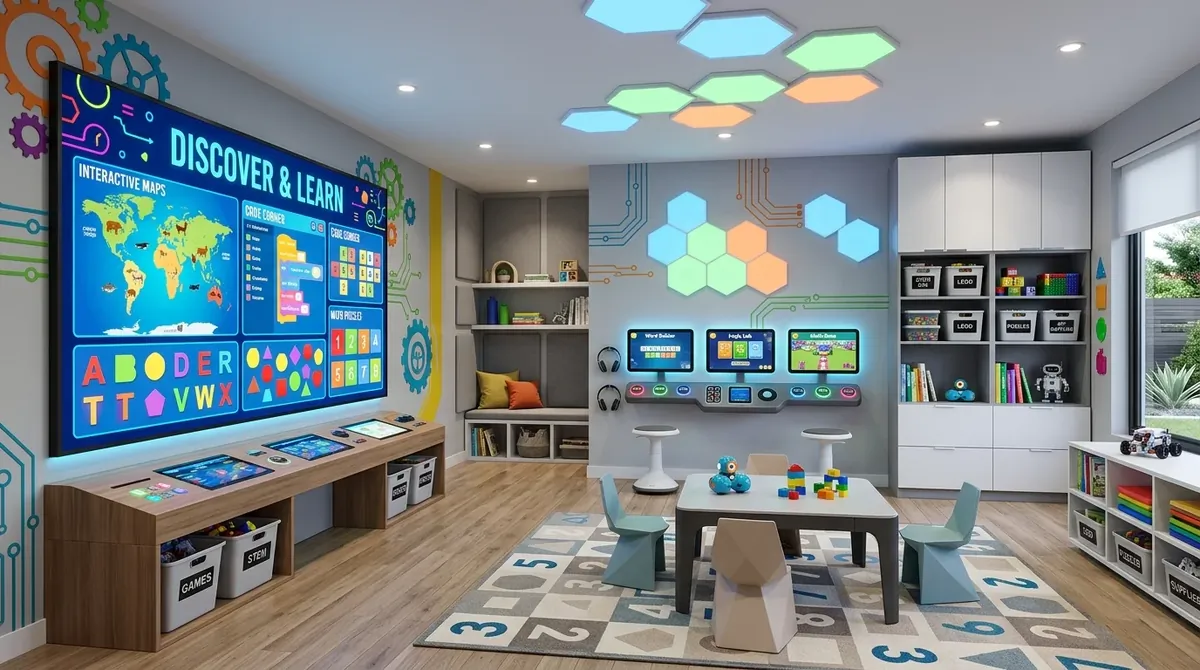 Tech-inspired playroom with digital learning wall, sleek storage, modern lighting, and educational game zones.