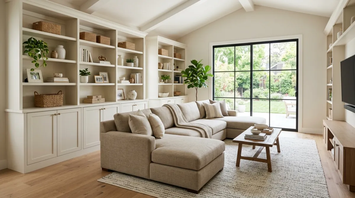 Functional family room with modular sectional, built-in cabinets, neutral palette, and natural daylight.