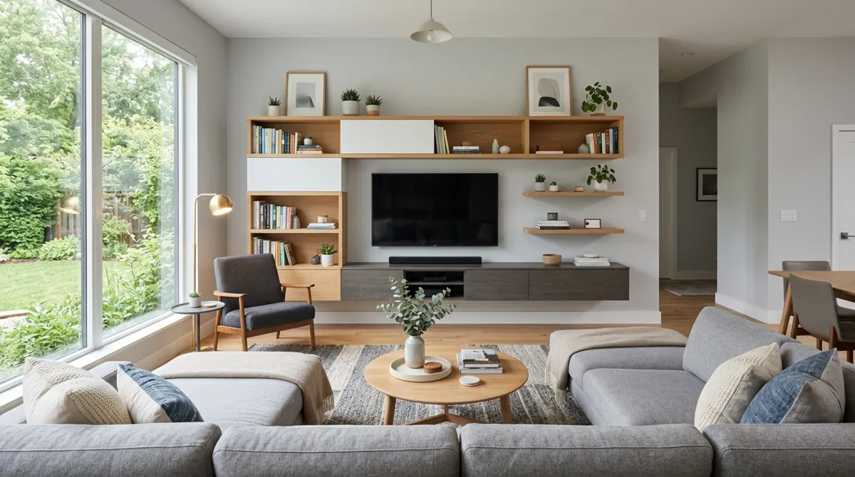 Modern family room with wall shelves, TV media unit, gray seating, and minimal clutter.
