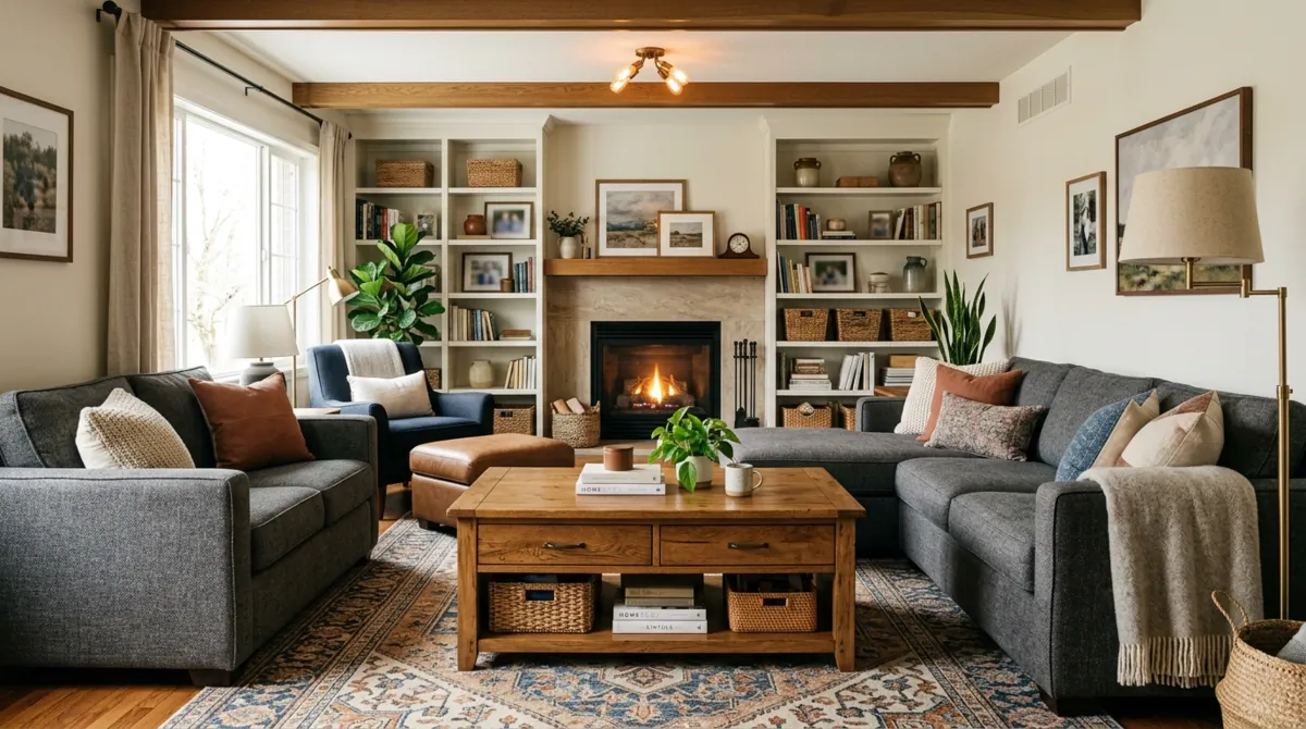 Cozy family room with durable sofas, large storage coffee table, and warm lighting.