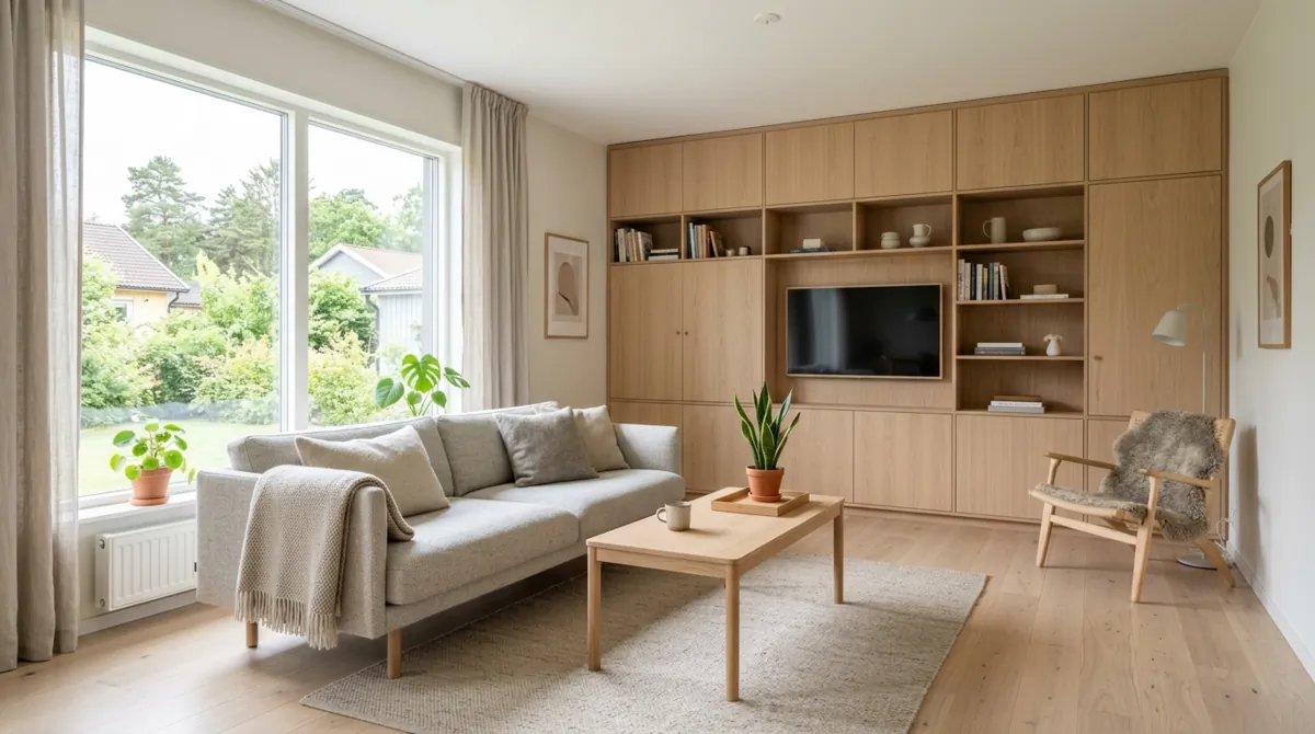 Scandinavian family room with light wood furniture, hidden storage, and simple decor.