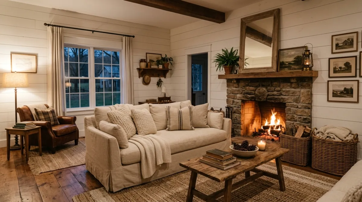 Farmhouse family room with shiplap, oversized sofa, storage baskets, and fireplace.