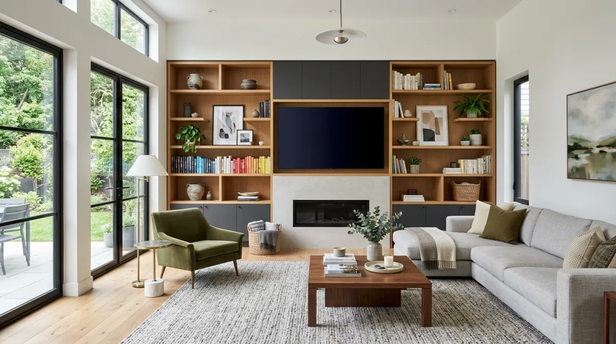 Modern family room with open shelving, integrated entertainment unit, sleek furniture, and clean lines.
