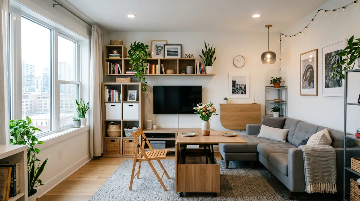Small family room with space-saving furniture, foldable tables, compact seating, and efficient light.