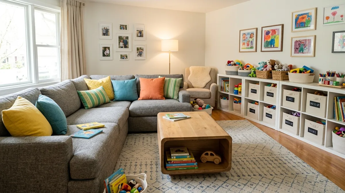 Family room with washable cushions, toy storage, durable furniture, and cheerful lighting.