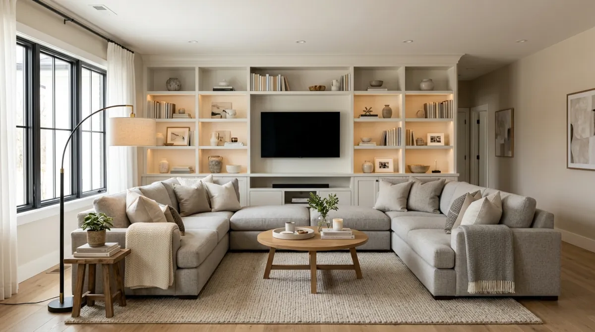 Contemporary family room with sectional seating, built-in bookcases, layered lighting, and neutral tones.