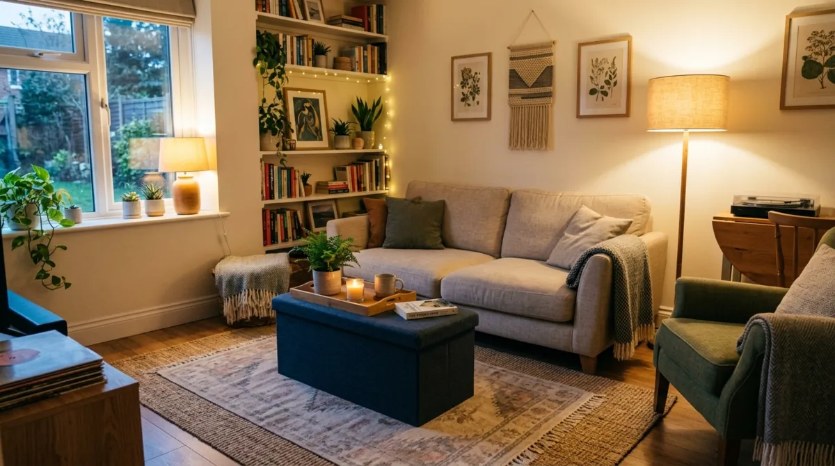 Cozy family room with multi-use furniture, hidden storage ottoman, soft rugs, and warm light.