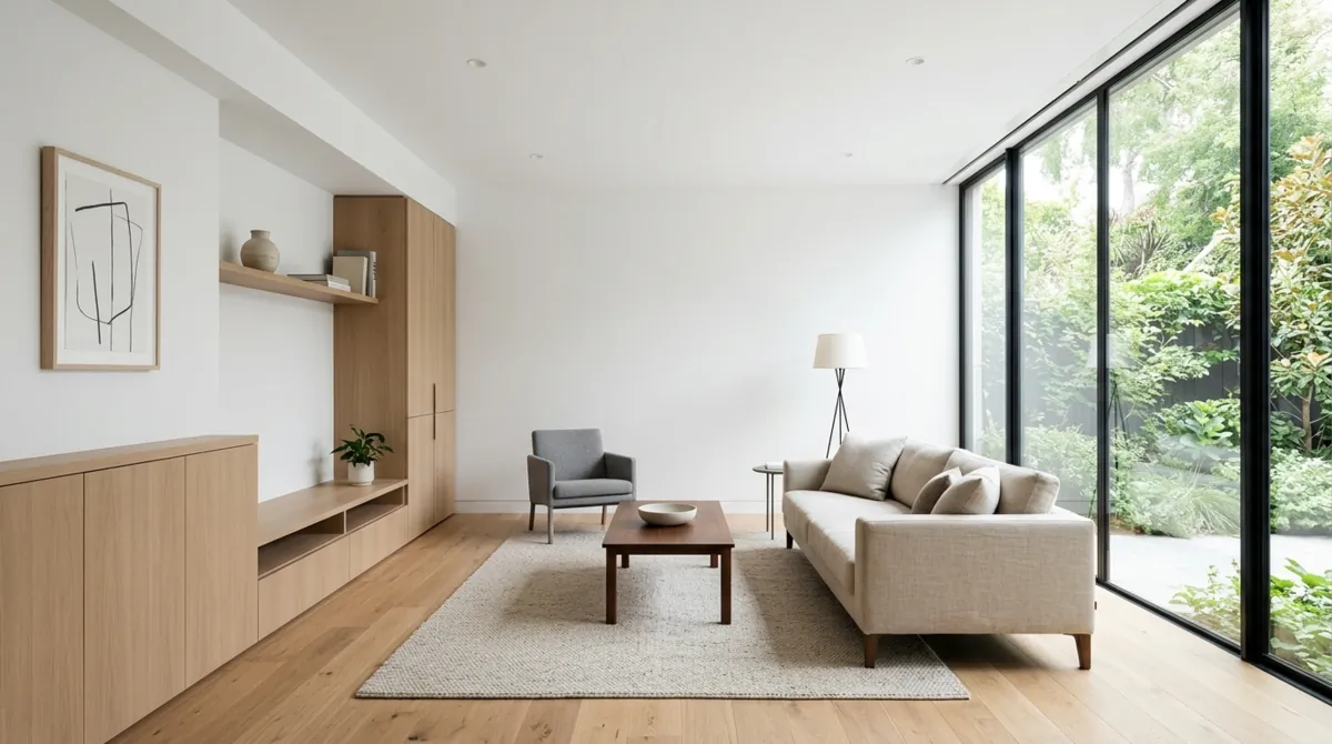 Minimal family room with white walls, sleek cabinetry, simple furniture, and clutter-free layout.
