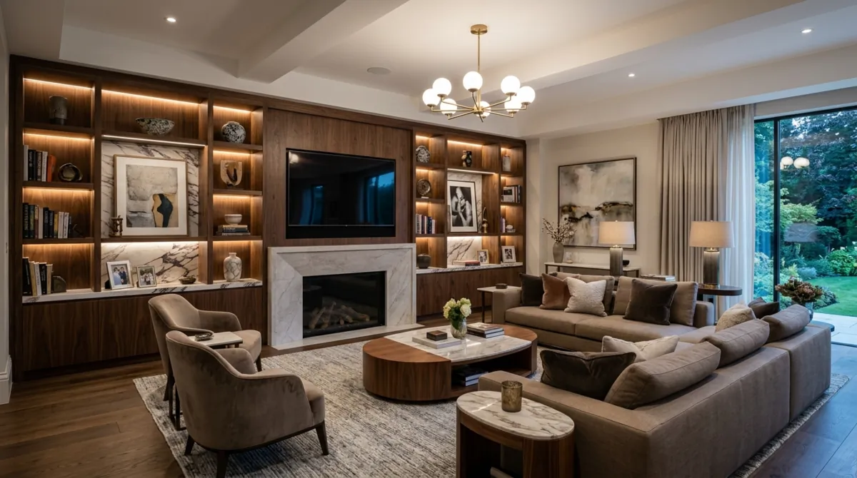 Luxury functional family room with custom shelving, elegant sofas, marble accents, and ambient lighting.