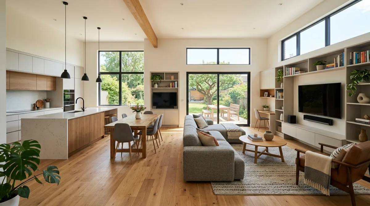 Open-plan family room connected to kitchen with zoned seating and smart storage.
