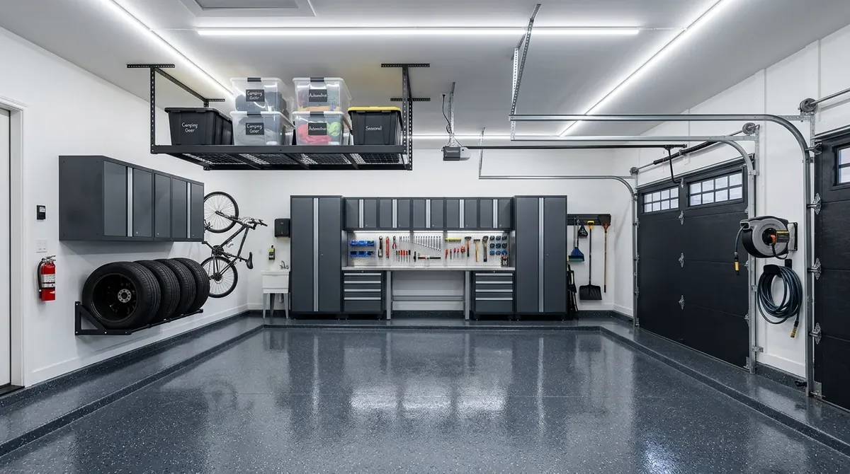 Functional garage with epoxy floor, wall cabinets, overhead racks, and bright LED lighting.