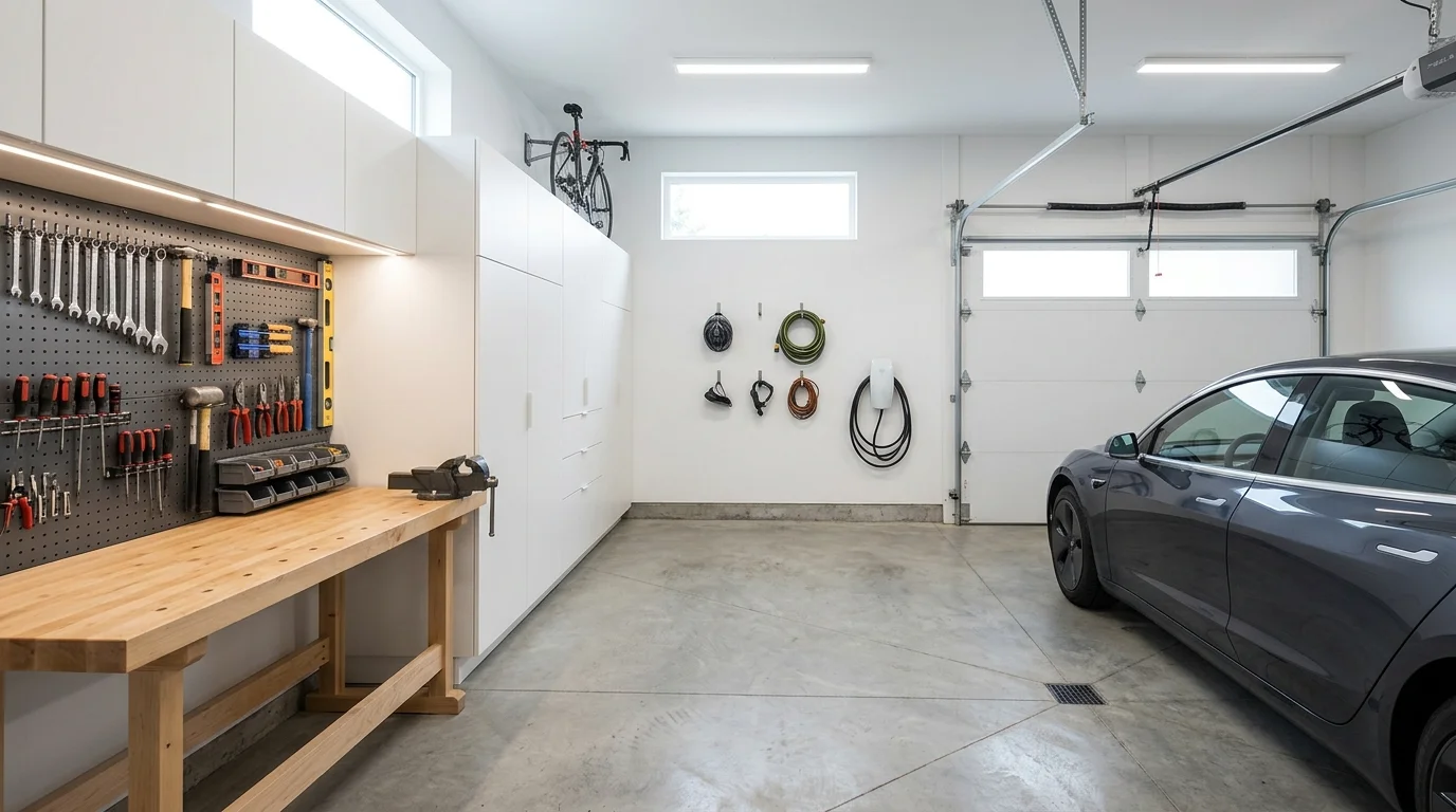 Minimal garage with white cabinetry, hidden tool storage, pegboard wall, and uncluttered layout.