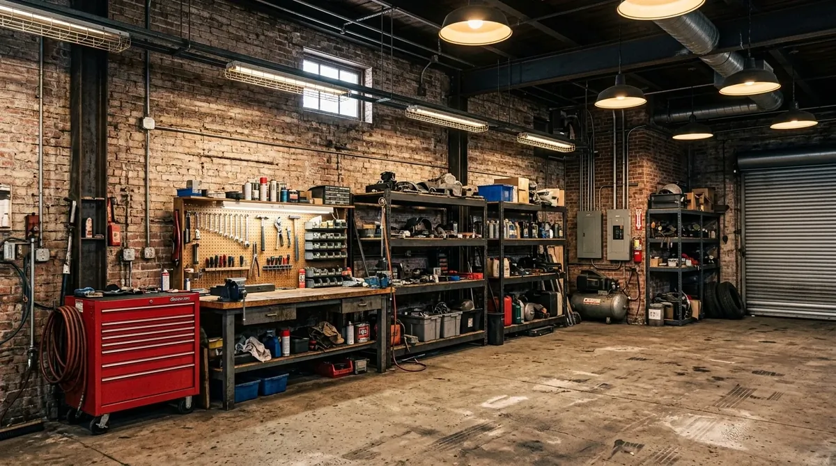 Industrial-style garage with brick walls, steel shelving, workbench, and warm overhead lighting.