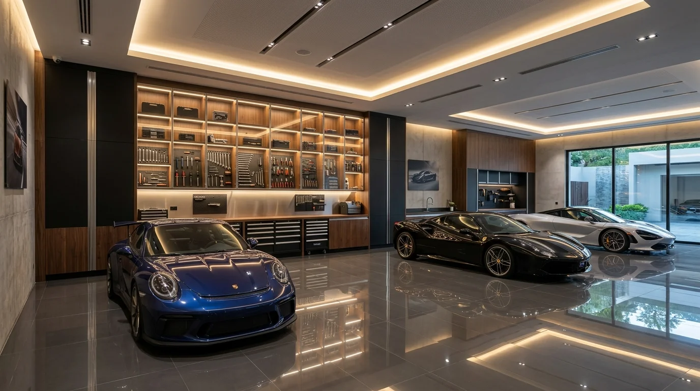 Luxury garage with glossy tile floor, custom cabinetry, display shelving, and ambient light.