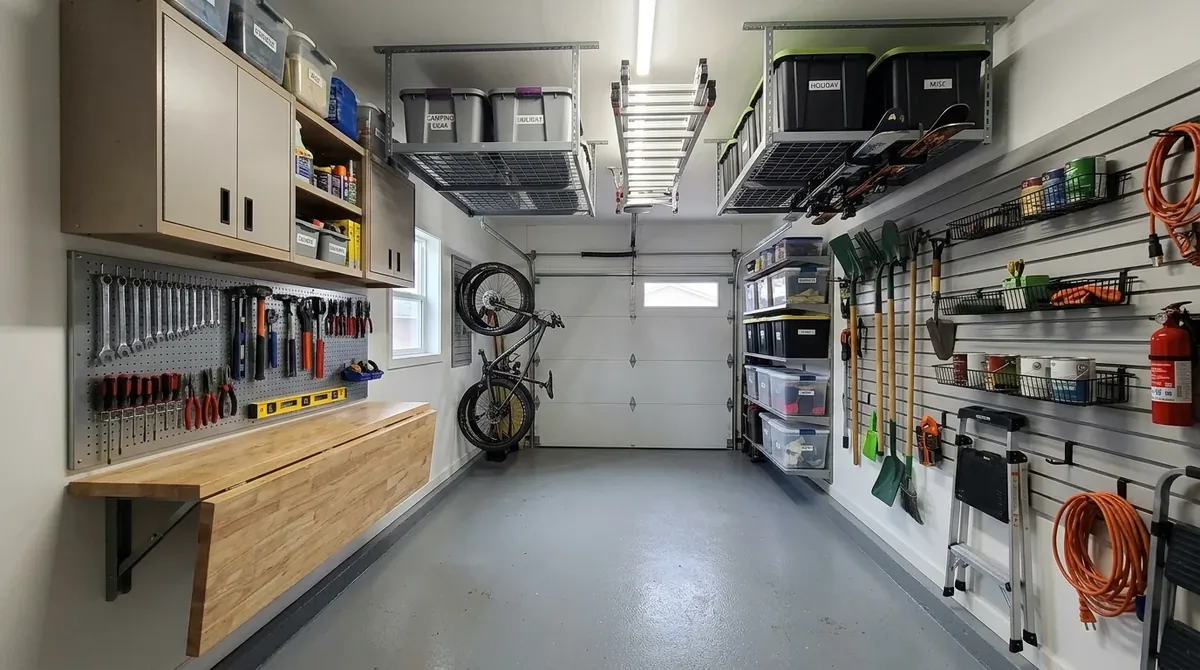 Compact garage with vertical storage, foldable bench, ceiling racks, and tight space-saving layout.