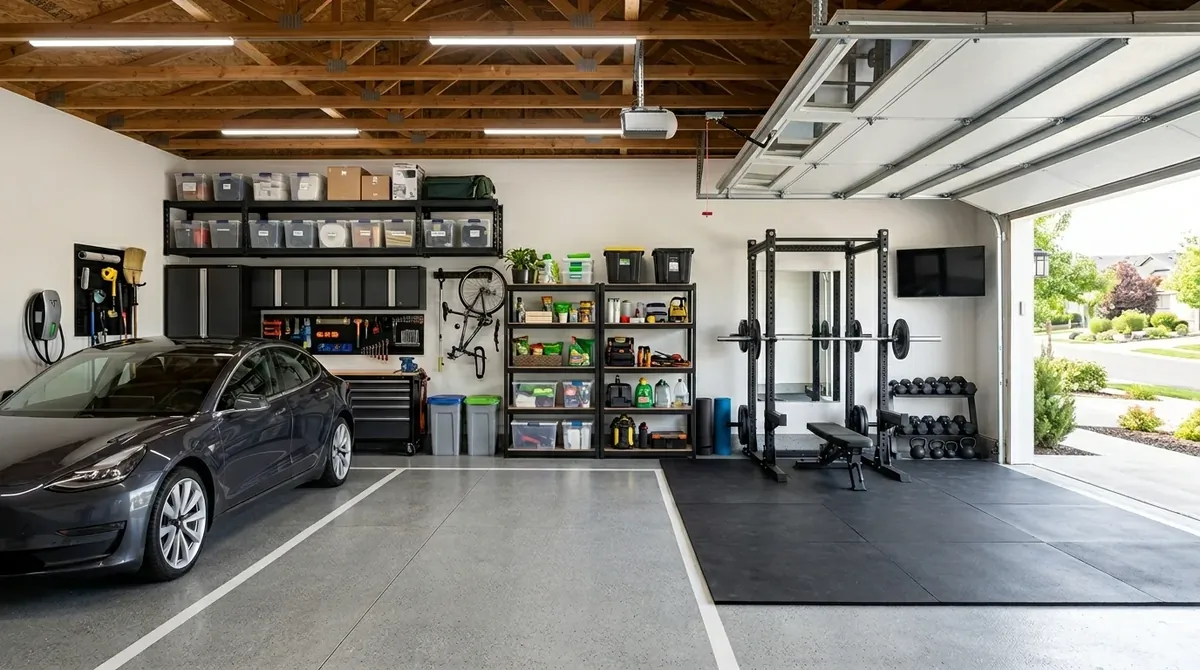 Multi-purpose garage with parking zone, gym corner, storage wall, and modular shelving.