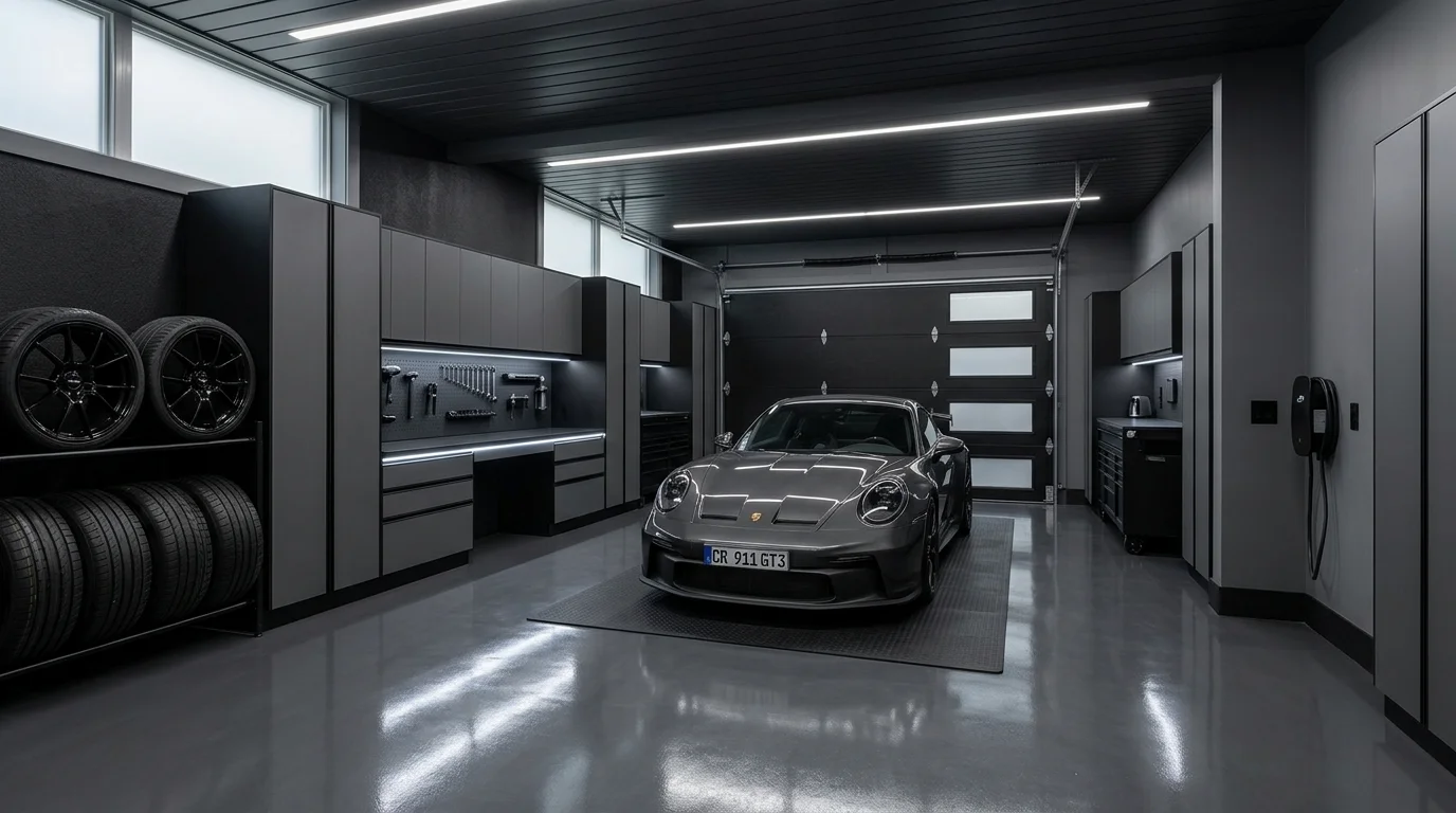 Contemporary garage with black and gray color scheme, streamlined cabinets, and integrated lighting.