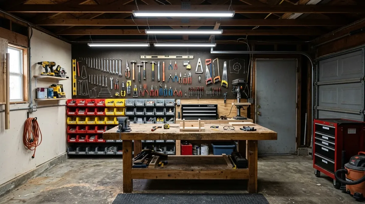 Garage workshop with heavy-duty bench, pegboard tool wall, labeled bins, and industrial lighting.