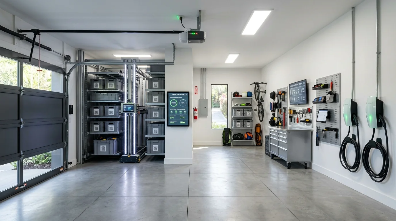 Smart garage with automated storage, charging stations, electric door, and digital organization setup.
