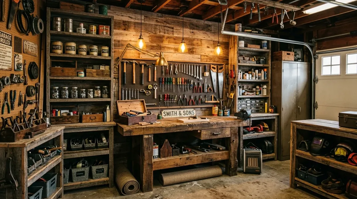 Rustic garage with wood shelving, reclaimed materials, warm lighting, and organized tool display.
