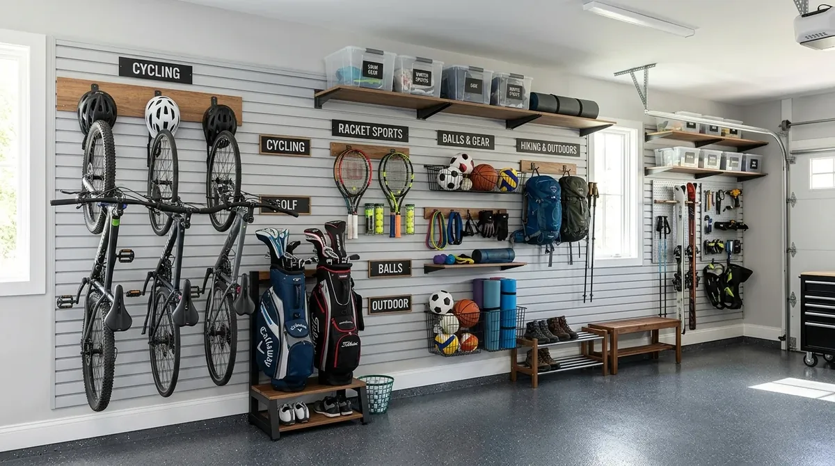 Organized garage with bike racks, golf storage, wall hooks, and clearly zoned active gear.