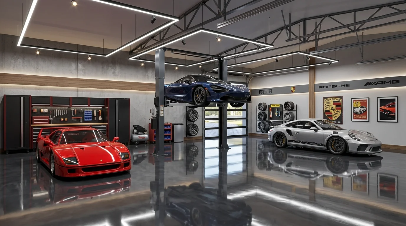 Car enthusiast garage with polished floor, tool cabinets, car lift, and showroom-style lighting.