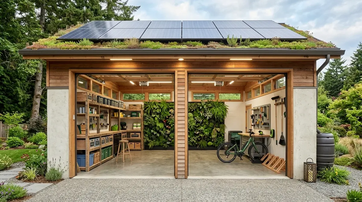 Eco-friendly garage with solar lighting, recycled storage, green wall accents, and energy-conscious layout.
