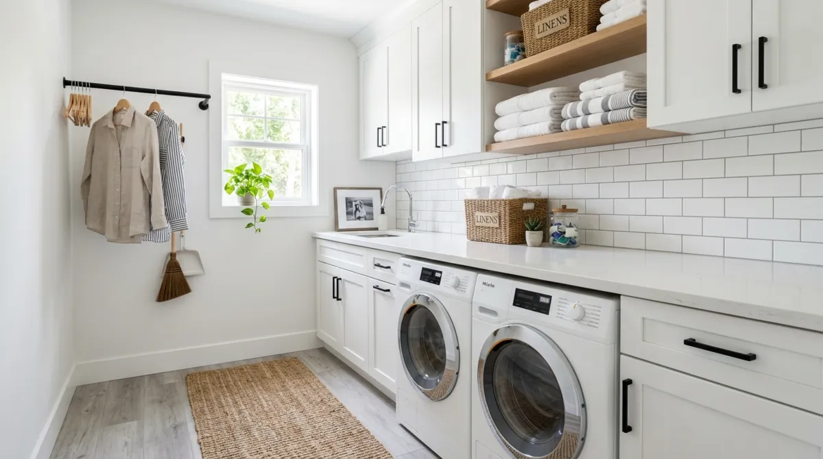 Bright laundry room with shaker cabinets, quartz countertop, front-loading machines, subway tile, and open shelves.