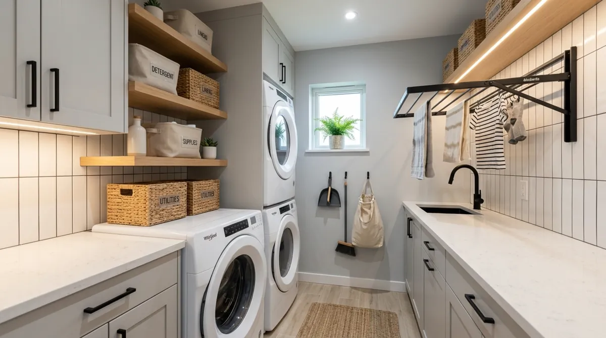 Compact laundry room with stacked machines, drying rack, floating shelves, gray cabinetry, and LED lighting.