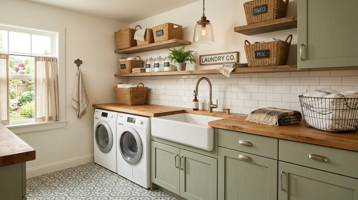 Farmhouse laundry room with sage cabinets, farmhouse sink, butcher block counter, woven baskets, and patterned floor tile.