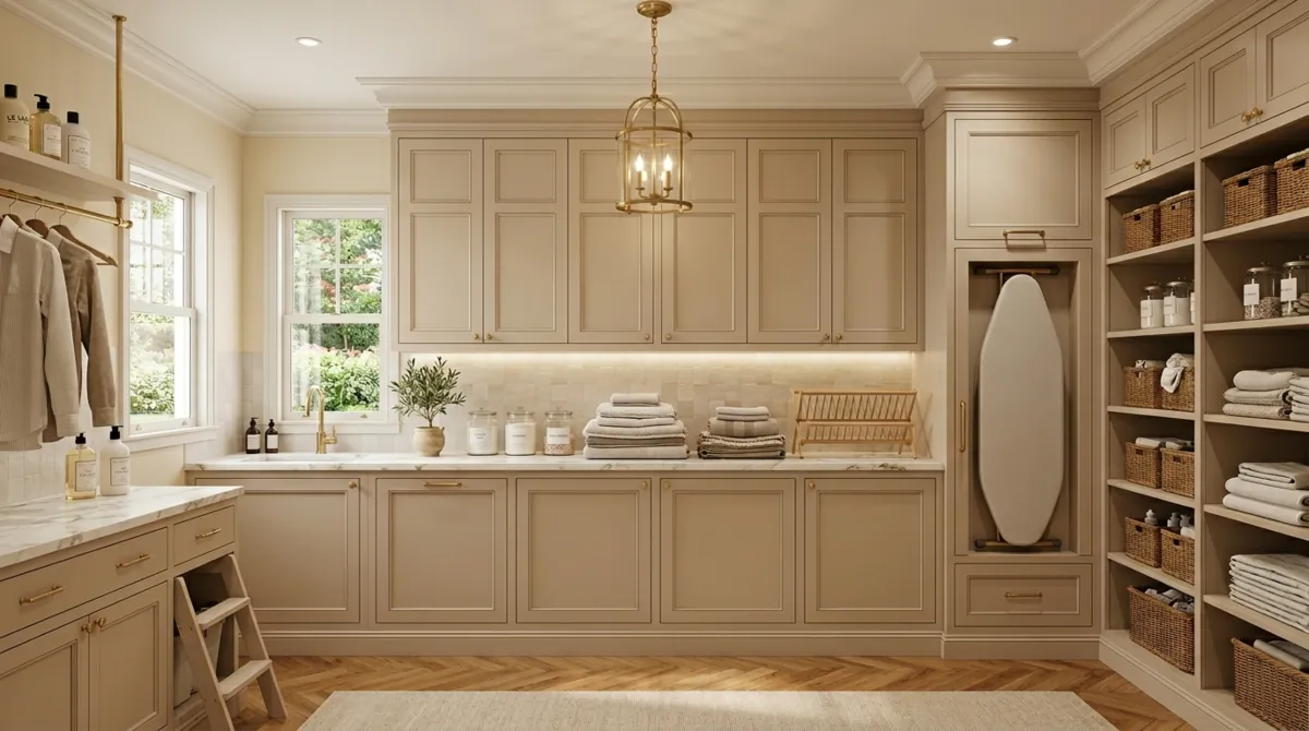 Luxury laundry room with floor-to-ceiling cabinetry, marble counter, integrated ironing board, and hidden appliances.