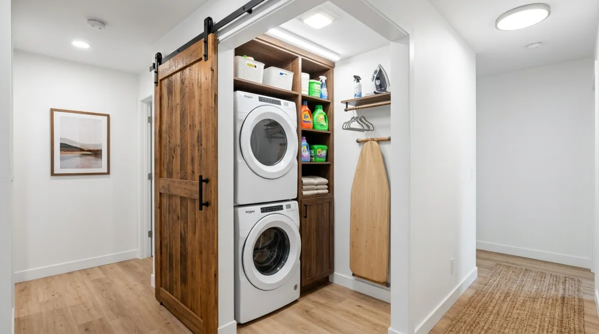 Small laundry nook with barn door, stacked machines, vertical shelves, and fold-down ironing station.