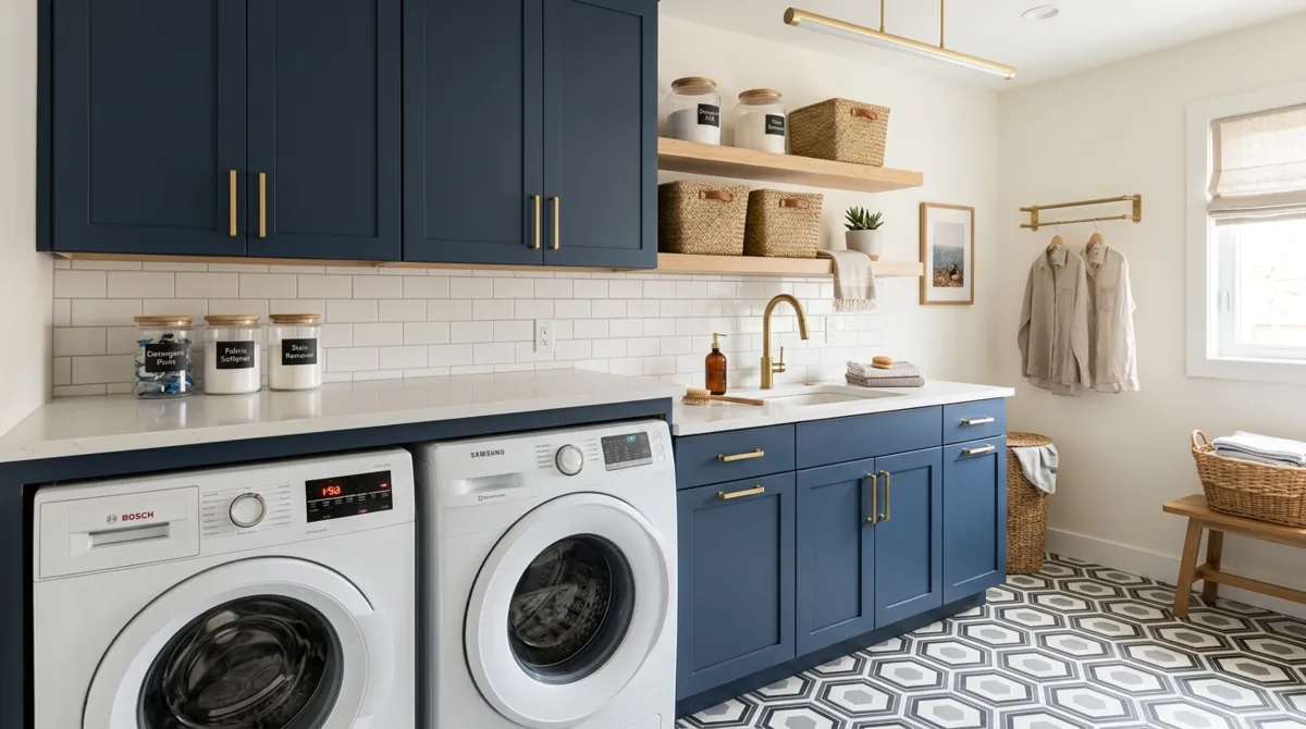 Contemporary laundry room with navy cabinets, gold hardware, quartz countertop, and geometric floor tiles.
